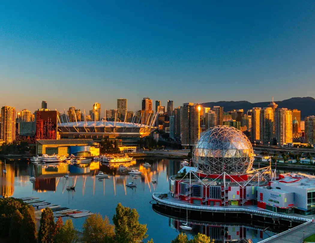 Vancouver skyline at dusk with Science World